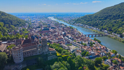 Aerial view over the famous city of Heidelberg Germany with Heidelberg Castle and River Neckar