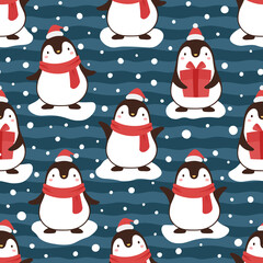 Penguin seamless pattern background, cartoon christmas theme, animal vector illustration 