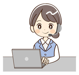 女性、コールセンター、パソコン、笑顔