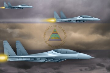 Nicaragua air forces strike concept. Air planes attack on Nicaragua flag background. 3d Illustration