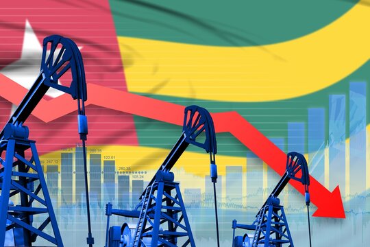 lowering, falling graph on Togo flag background - industrial illustration of Togo oil industry or market concept. 3D Illustration