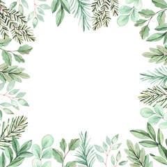 Greenery watercolor illustration. Botanical, vector frame with eucalyptus, fir branches and leaves. Greenery winter florals. Floral Design elements. Perfect for wedding invitation, card, print, poster
