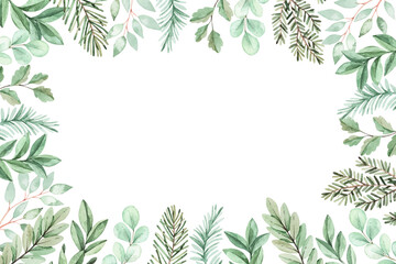 Greenery Watercolor illustration. Botanical, vector frame with eucalyptus, fir branches and leaves. Greenery winter florals. Floral Design elements. Perfect for wedding invitation, card, print, poster
