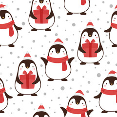 Penguin seamless pattern background, cartoon christmas theme, animal vector illustration 