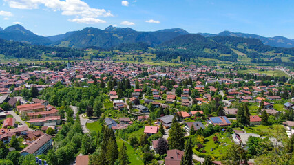 Fototapeta na wymiar Aerial view over the city of Oberstdorf Bavaria Germany - capital of annual Ski Jump tournament