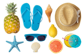 Summer objects isolated on white background. Top view from above