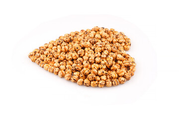 Organic yellow chickpea in heart shape on white background