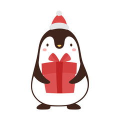 Penguin cute icon with christmas theme, gift hat and scarf, Penguin logo vector illustration 