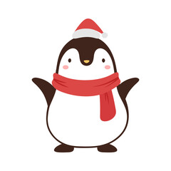 Penguin cute icon with christmas theme, gift hat and scarf, Penguin logo vector illustration 