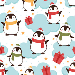 Penguin seamless pattern background, cartoon christmas theme, animal vector illustration 