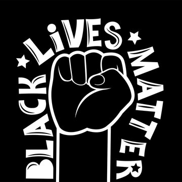 Stop racism. Black Lives Matter. Protest in the United States against discrimination against black people. Hands clenched into a fist against the black background. Strong Hand Symbol. I can't breathe.