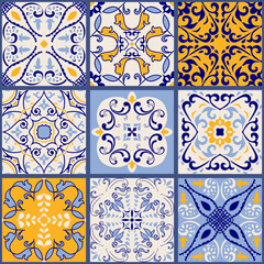 Collection of 9 ceramic tiles in turkish style. Seamless colorful patchwork from Azulejo tiles. Portuguese and Spain decor. Islam, Arabic, Indian, Ottoman motif. Vector Hand drawn background