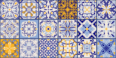 Sammlung von 18 Keramikfliesen im türkischen Stil. Nahtloses buntes Patchwork aus Azulejo-Fliesen. Portugiesisches und spanisches Dekor. Islamisches, arabisches, indisches, osmanisches Motiv. Vektor Hand gezeichneter Hintergrund