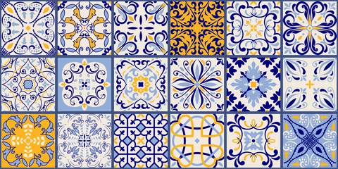 Küchenrückwand glas motiv Muster Sammlung von 18 Keramikfliesen im türkischen Stil. Nahtloses buntes Patchwork aus Azulejo-Fliesen. Portugiesisches und spanisches Dekor. Islamisches, arabisches, indisches, osmanisches Motiv. Vektor Hand gezeichneter Hintergrund