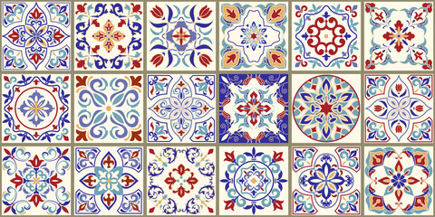 Collection of 18 ceramic tiles in turkish style. Seamless colorful patchwork from Azulejo tiles. Portuguese and Spain decor. Islam, Arabic, Indian, Ottoman motif. Vector Hand drawn background - 355709546