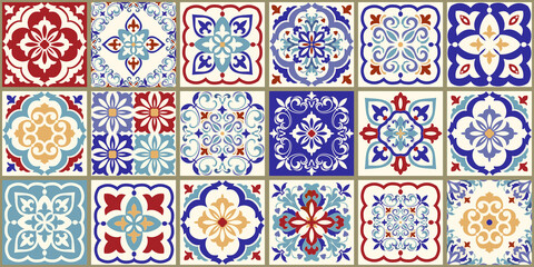 Collection of 18 ceramic tiles in turkish style. Seamless colorful patchwork from Azulejo tiles. Portuguese and Spain decor. Islam, Arabic, Indian, Ottoman motif. Vector Hand drawn background - 355709562