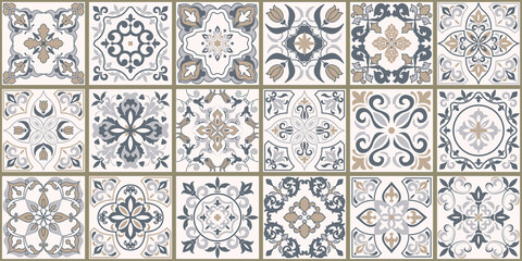 Collection of 18 ceramic tiles in turkish style. Seamless colorful patchwork from Azulejo tiles. Portuguese and Spain decor. Islam, Arabic, Indian, Ottoman motif. Vector Hand drawn background - 355709570