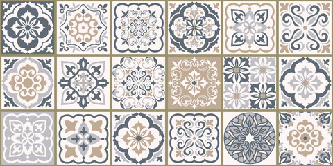 Collection of 18 ceramic tiles in turkish style. Seamless colorful patchwork from Azulejo tiles. Portuguese and Spain decor. Islam, Arabic, Indian, Ottoman motif. Vector Hand drawn background - obrazy, fototapety, plakaty