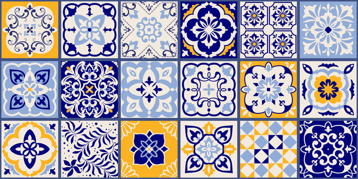 Collection of 18 ceramic tiles in turkish style. Seamless colorful patchwork from Azulejo tiles. Portuguese and Spain decor. Islam, Arabic, Indian, Ottoman motif. Vector Hand drawn background