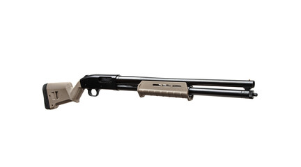 Modern pump-action shotgun with a plastic butt and fore-end isolate on a white back. Weapons for sports and self-defense. Armament of police, army and special units.