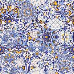 Azulejos tiles patchwork. Seamless colorful patchwork. Hand drawn seamless abstract pattern from mandalas. Majolica pottery tile, blue, yellow azulejo. Original traditional Portuguese and Spain decor - 355709958