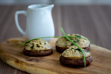 Homemade Stuffed Mushrooms using Shitake Mushroom, creemchese, and flour, Amateur chef close up macro photos. Vegetarian Dish