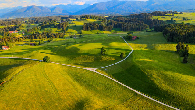 Typical landscape in Bavaria in the Allgau district of the German Alps - aerial view