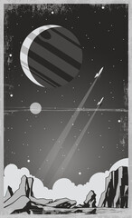 Retro Futurism Space Poster, Alien Landscape, Space Rockets, Monochrome, Grunge Texture Pattern  © koyash07