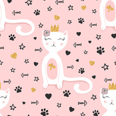 Hand drawn seamless pattern of cute cartoon character cat with a crown and a flower on her head, stars, hearts, fish. Illustration for greeting card, invitation, wallpaper, wrapping paper, fabric
