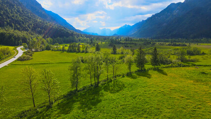 Typical landscape in Bavaria in the Allgau district of the German Alps - aerial view