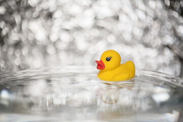 rubber yellow duck in the water, glitter abstract bokeh background