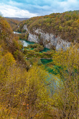 Fototapeta premium Plitvice Lakes Park with waterfalls in autumn