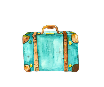Vintage travel suitcase, watercolor and ink hand drawn illustration, cartoon sketch style