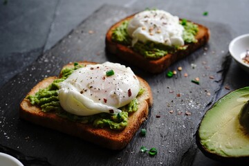 Poached egg avocado toast, selective focus