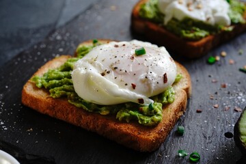 Poached egg avocado toast, selective focus