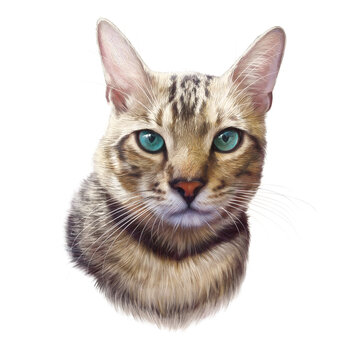 Cute cat isolated on white background. Realistic portrait of kitten. Drawing of a cat with turquoise eyes. Good for print T shirt. Hand painted illustration of pet. Art background for pet shop.