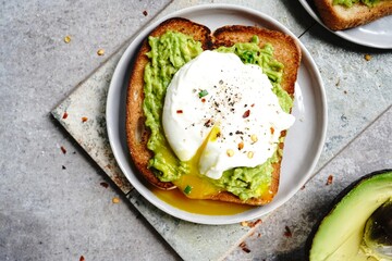 Poached egg avocado toast, selective focus