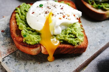 Poached egg avocado toast, selective focus