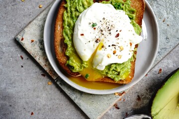 Poached egg avocado toast, selective focus