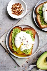 Poached egg avocado toast, selective focus