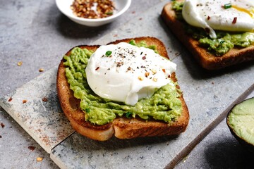 Poached egg avocado toast, selective focus