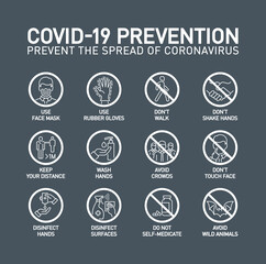 Coronavirus covid19 prevention creative illustration banner. Word lettering typography white line icons on gray background. Thin line infographic style quality design for corona virus covid 19 prevent