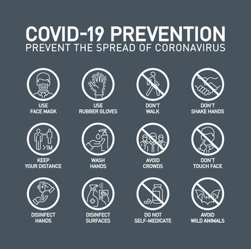 Coronavirus Covid19 Prevention Creative Illustration Banner. Word Lettering Typography White Line Icons On Gray Background. Thin Line Infographic Style Quality Design For Corona Virus Covid 19 Prevent