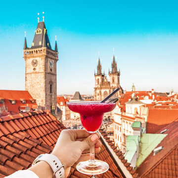 top view of the old square in Prague with Oryol clock and gothic architecture
