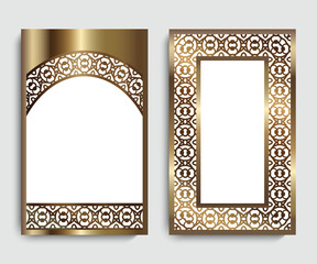 Vintage gold frames with swirly border ornament. Ornate golden decoration for wedding invitation card or book cover design. Laser cutting template. 