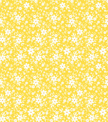 Cute floral pattern in the small flower. Ditsy print. Seamless vector texture. Elegant template for fashion prints. Printing with small white flowers. Light yellow background.