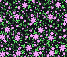 Floral pattern. Pretty flowers on black background. Printing with small pink flowers. Ditsy print. Seamless vector texture. Spring bouquet.