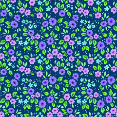 Vector seamless pattern. Cute pattern in small flower. Small purple and lilac flowers. Navy blue background. Ditsy floral background. The elegant the template for fashion prints