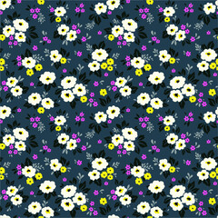 Simple cute pattern in small white and yellow flowers on gray background. Liberty style. Ditsy print. Floral seamless background. The elegant the template for fashion prints.