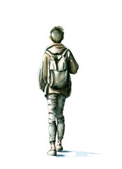 Passerby watercolor illustration of young man with backpack, goes away / Hand-drawn watercolor and ink illustration isolated on white background / Sketch style 